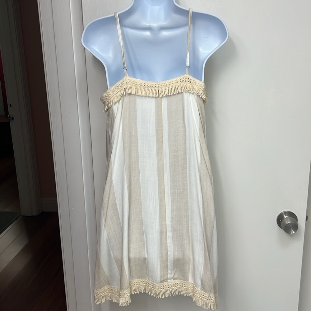 10. Olive Scent  White & khaki linen Dress Spaghetti straps, Fringe, Medium NWT - Picture 6 of 12